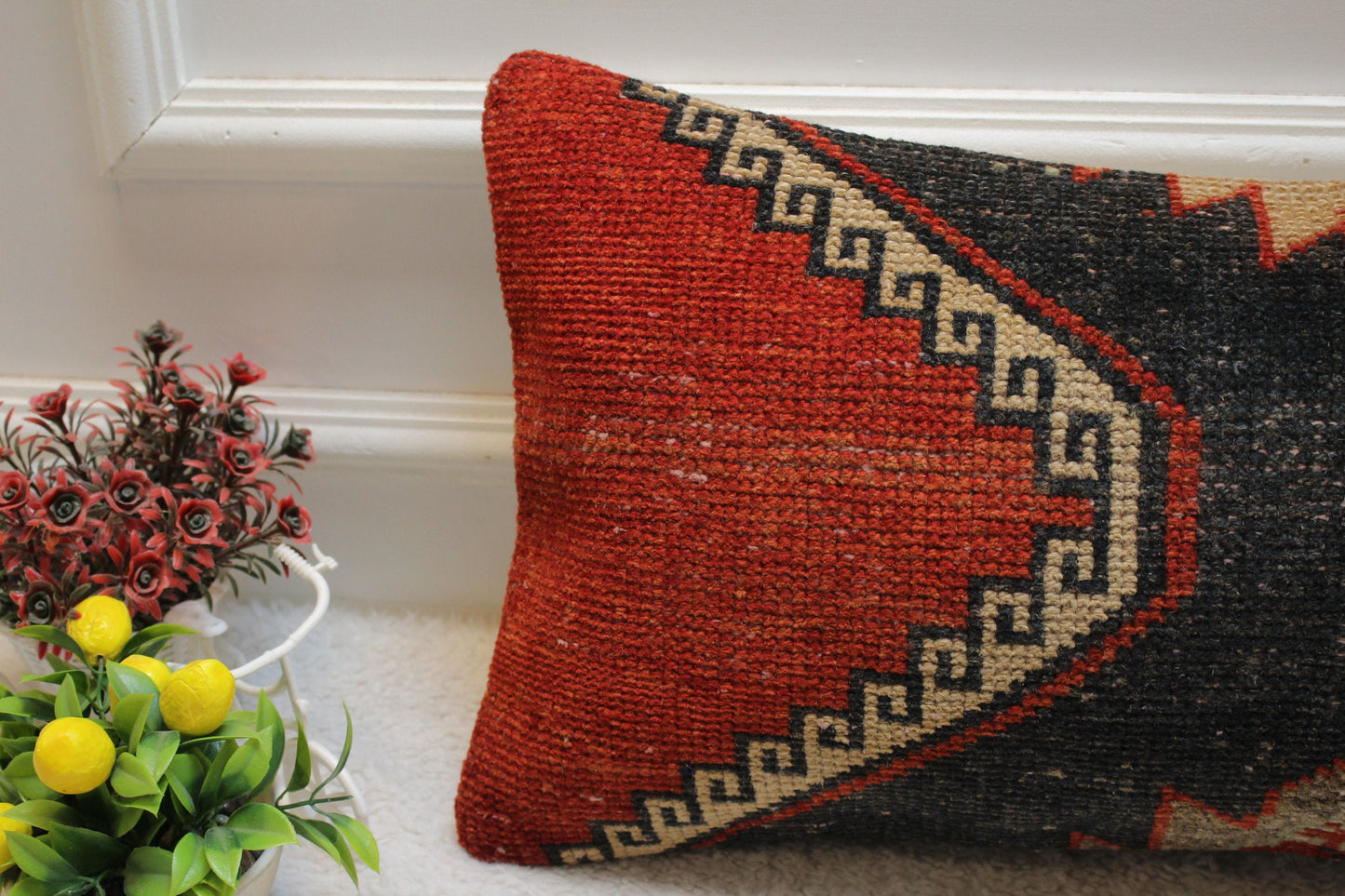 Handmade Kilim Pillow Cover: Ethnic Red & Black Wool Rug Pillow (12x24 in)