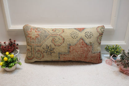 Handmade Wool Rug Pillow Cover: Vintage Anatolian Kilim Lumbar (12x24 in)