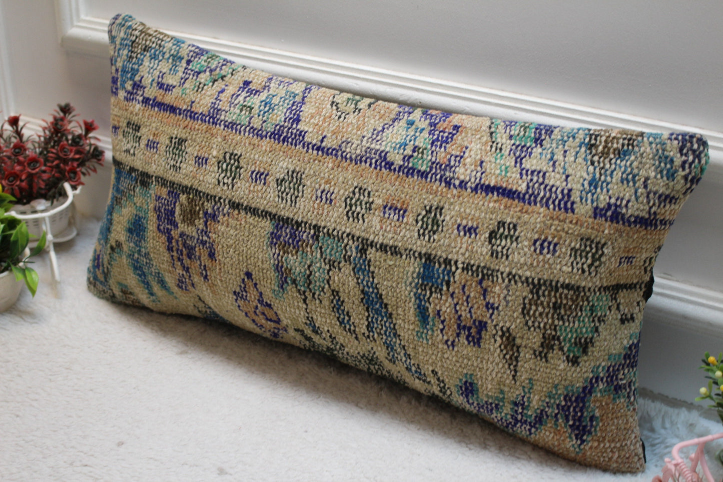 Vintage Turkish Rug Pillow Cover: Beige & Blue Wool Lumbar Pillow (12x24 in)