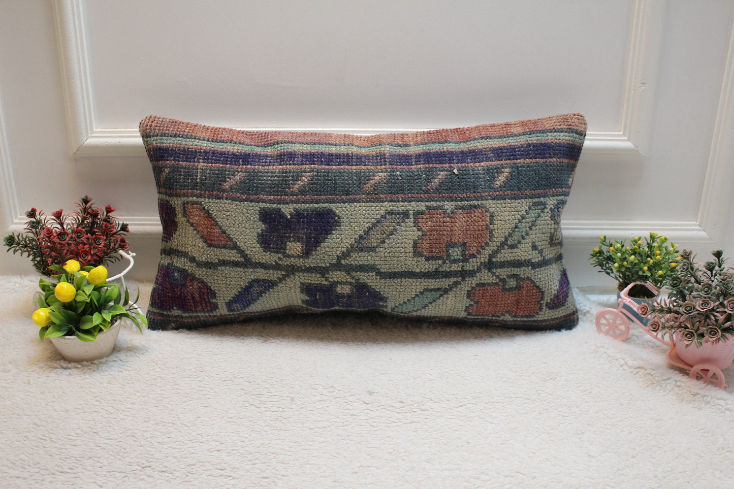 Vintage Turkish Rug Lumbar Pillow Cover: Beige, Blue, Red, Wool, 12x24 inch