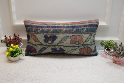 Vintage Turkish Rug Lumbar Pillow Cover: Beige, Blue, Red, Wool, 12x24 inch