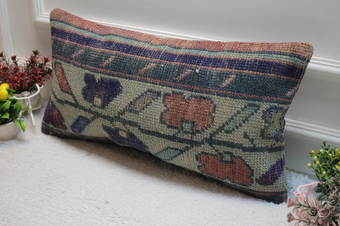 Vintage Turkish Rug Lumbar Pillow Cover: Beige, Blue, Red, Wool, 12x24 inch