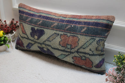 Vintage Turkish Rug Lumbar Pillow Cover: Beige, Blue, Red, Wool, 12x24 inch