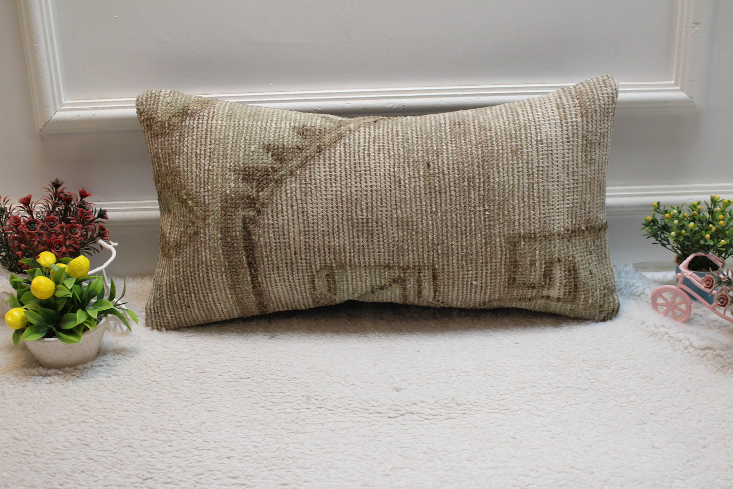 Gray Turkish Rug Lumbar Pillow Cover: Handmade Organic Wool, 12x24 inch