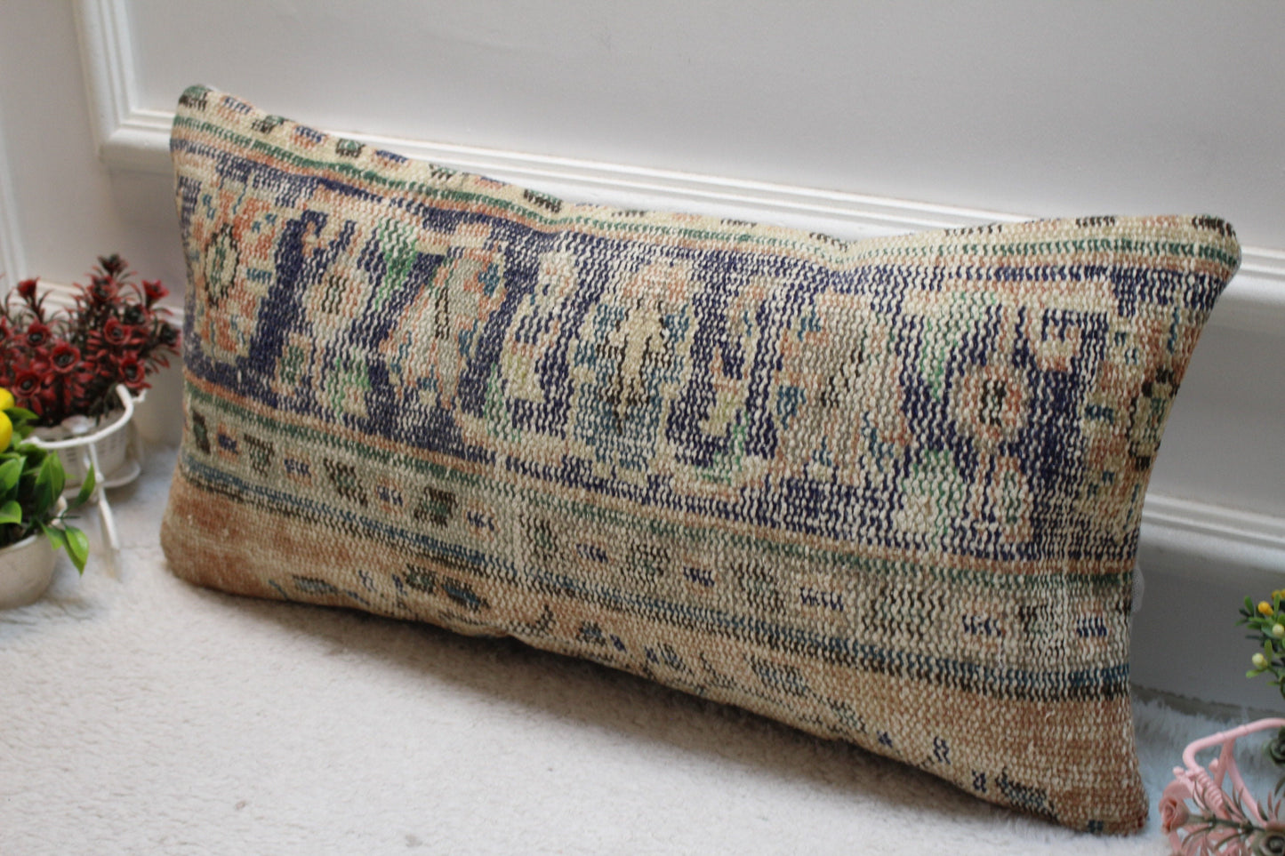 Floral Turkish Rug Pillow Cover: Handmade Vintage Lumbar Pillow (12x24 in)
