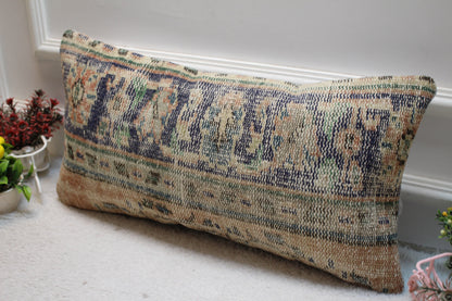 Floral Turkish Rug Pillow Cover: Handmade Vintage Lumbar Pillow (12x24 in)