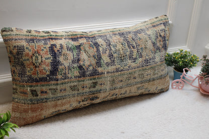 Floral Turkish Rug Pillow Cover: Handmade Vintage Lumbar Pillow (12x24 in)