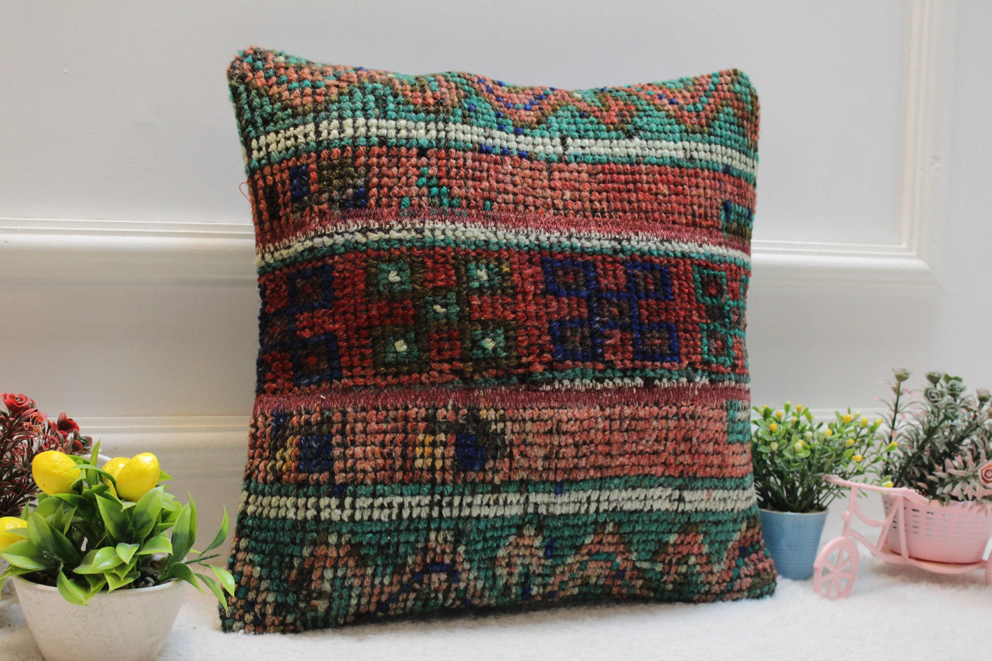 Red Vintage Turkish Rug Pillow: 16x16 Handmade Anatolian Pillow Cover