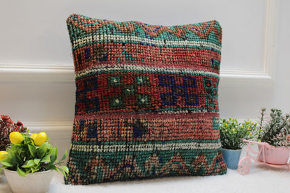 Red Vintage Turkish Rug Pillow: 16x16 Handmade Anatolian Pillow Cover