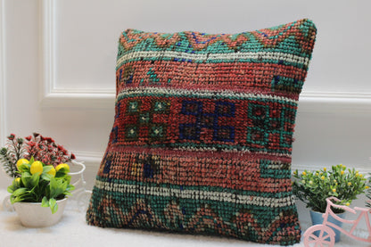 Red Vintage Turkish Rug Pillow: 16x16 Handmade Anatolian Pillow Cover