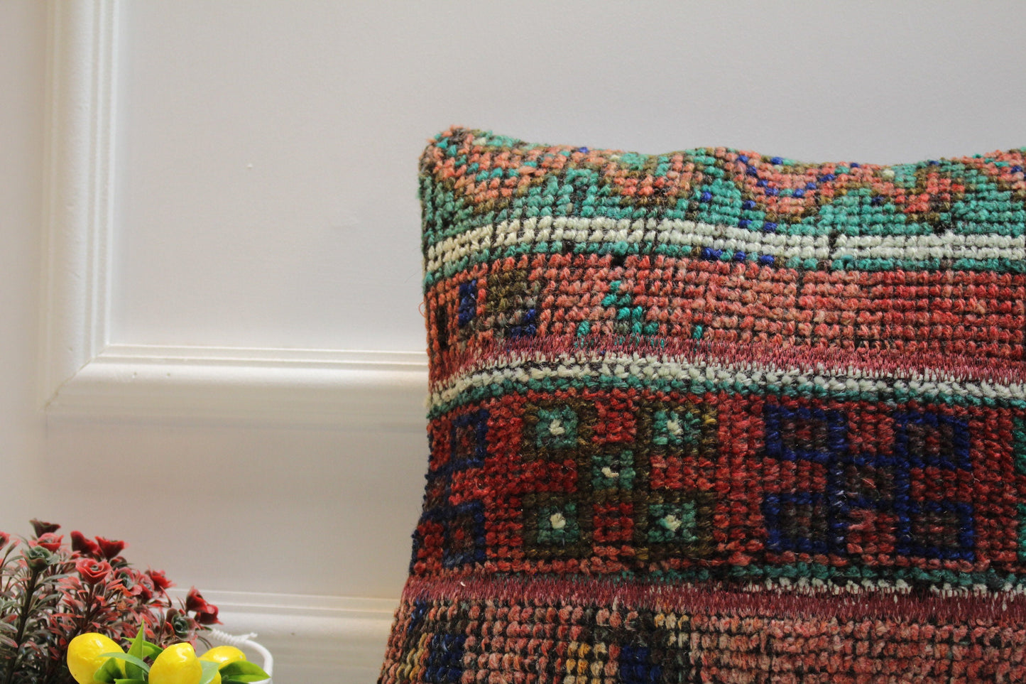 Red Vintage Turkish Rug Pillow: 16x16 Handmade Anatolian Pillow Cover