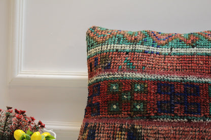 Red Vintage Turkish Rug Pillow: 16x16 Handmade Anatolian Pillow Cover