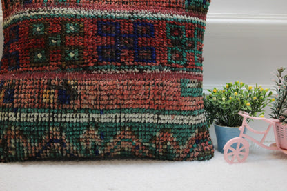 Red Vintage Turkish Rug Pillow: 16x16 Handmade Anatolian Pillow Cover