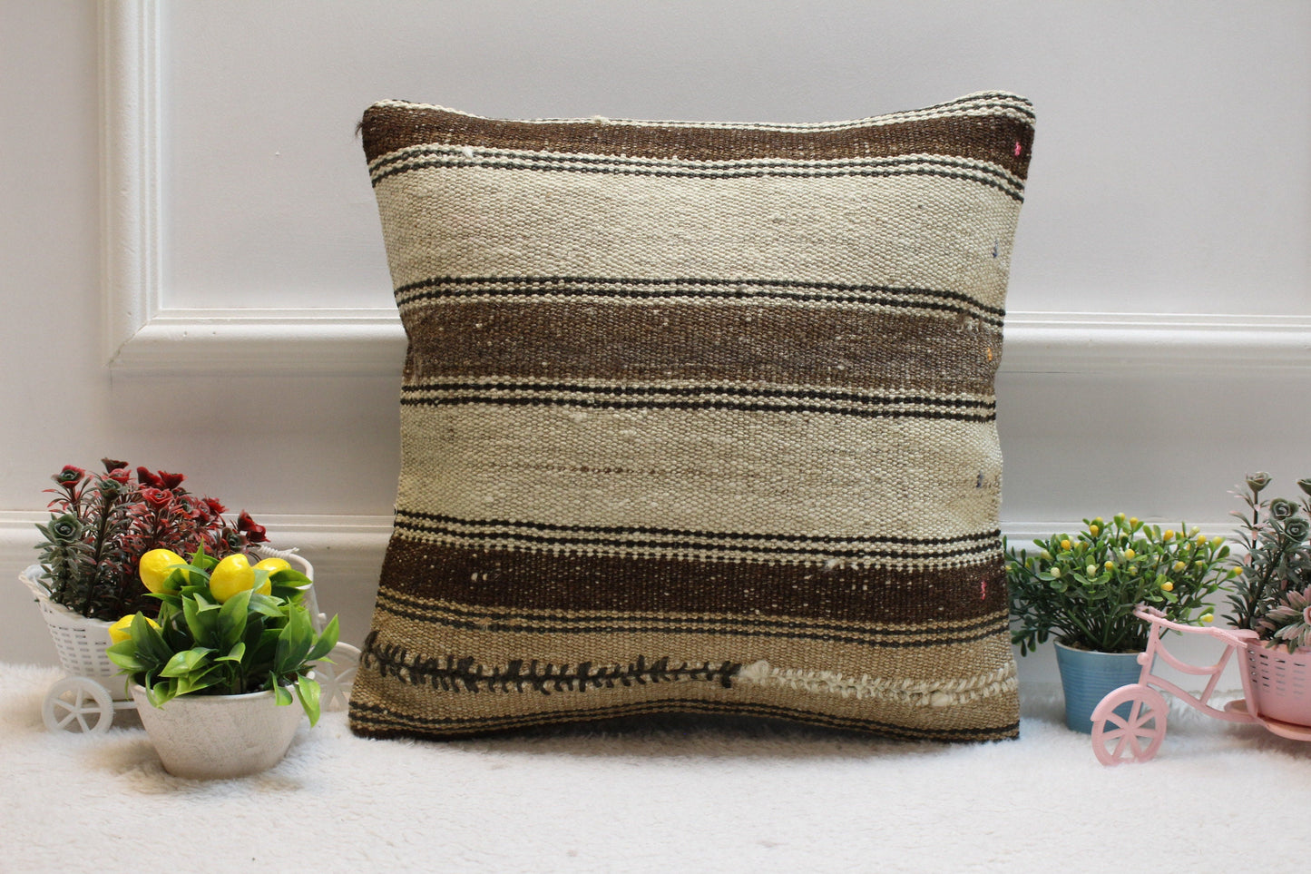 Striped Kilim Pillow Cover: Handmade Organic Wool, Vintage Rug (16x16 in)