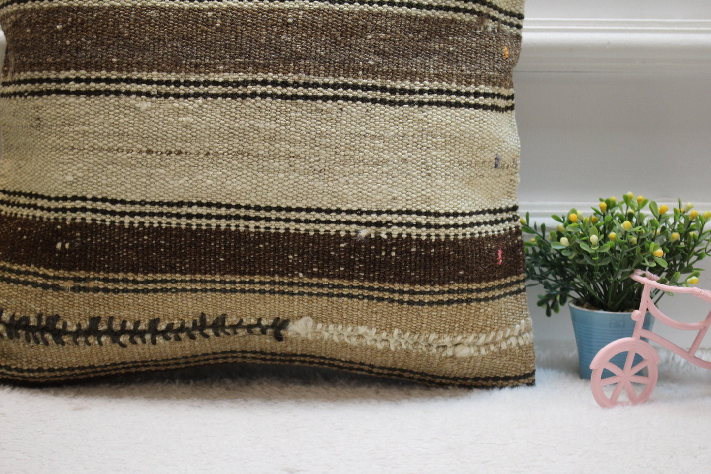 Striped Kilim Pillow Cover: Handmade Organic Wool, Vintage Rug (16x16 in)
