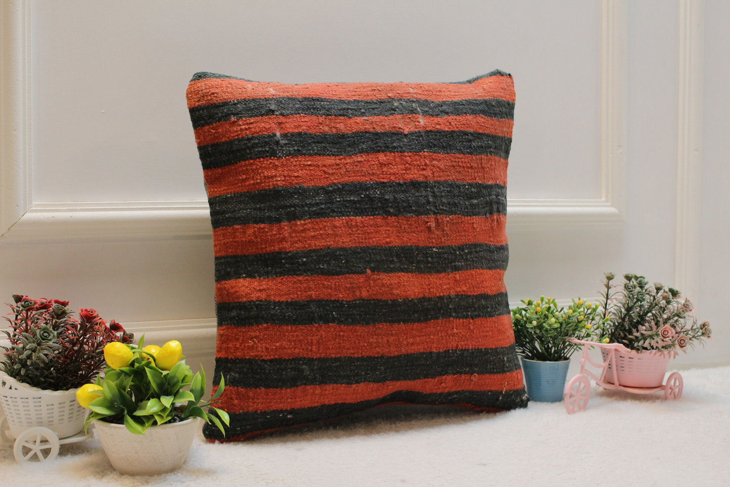 Striped Kilim Pillow Cover: Vintage Turkish Woven Wool, 16x16 inch