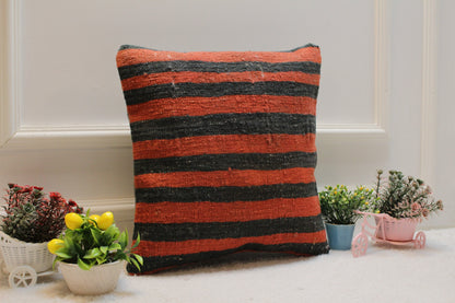 Striped Kilim Pillow Cover: Vintage Turkish Woven Wool, 16x16 inch