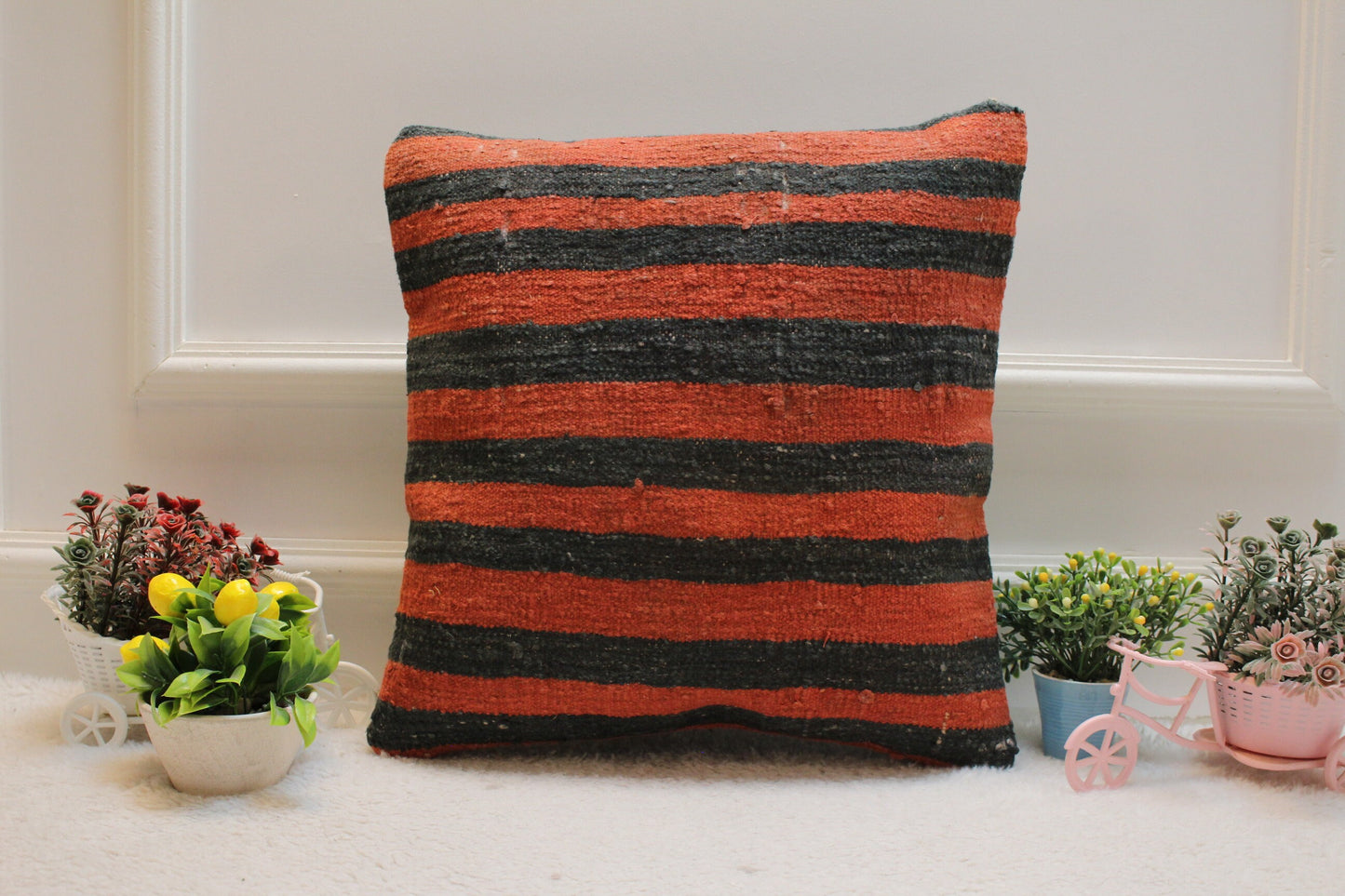 Striped Kilim Pillow Cover: Vintage Turkish Woven Wool, 16x16 inch