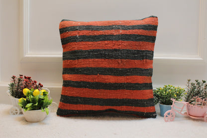 Striped Kilim Pillow Cover: Vintage Turkish Woven Wool, 16x16 inch