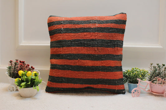 Striped Kilim Pillow Cover: Vintage Turkish Woven Wool, 16x16 inch