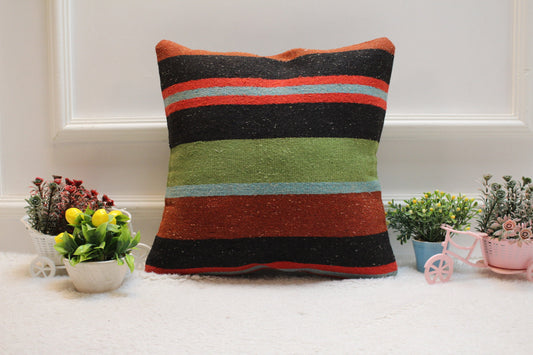 Vintage Turkish Kilim Pillow Cover: Handmade Organic Wool, Boho Decor (16x16 inch)