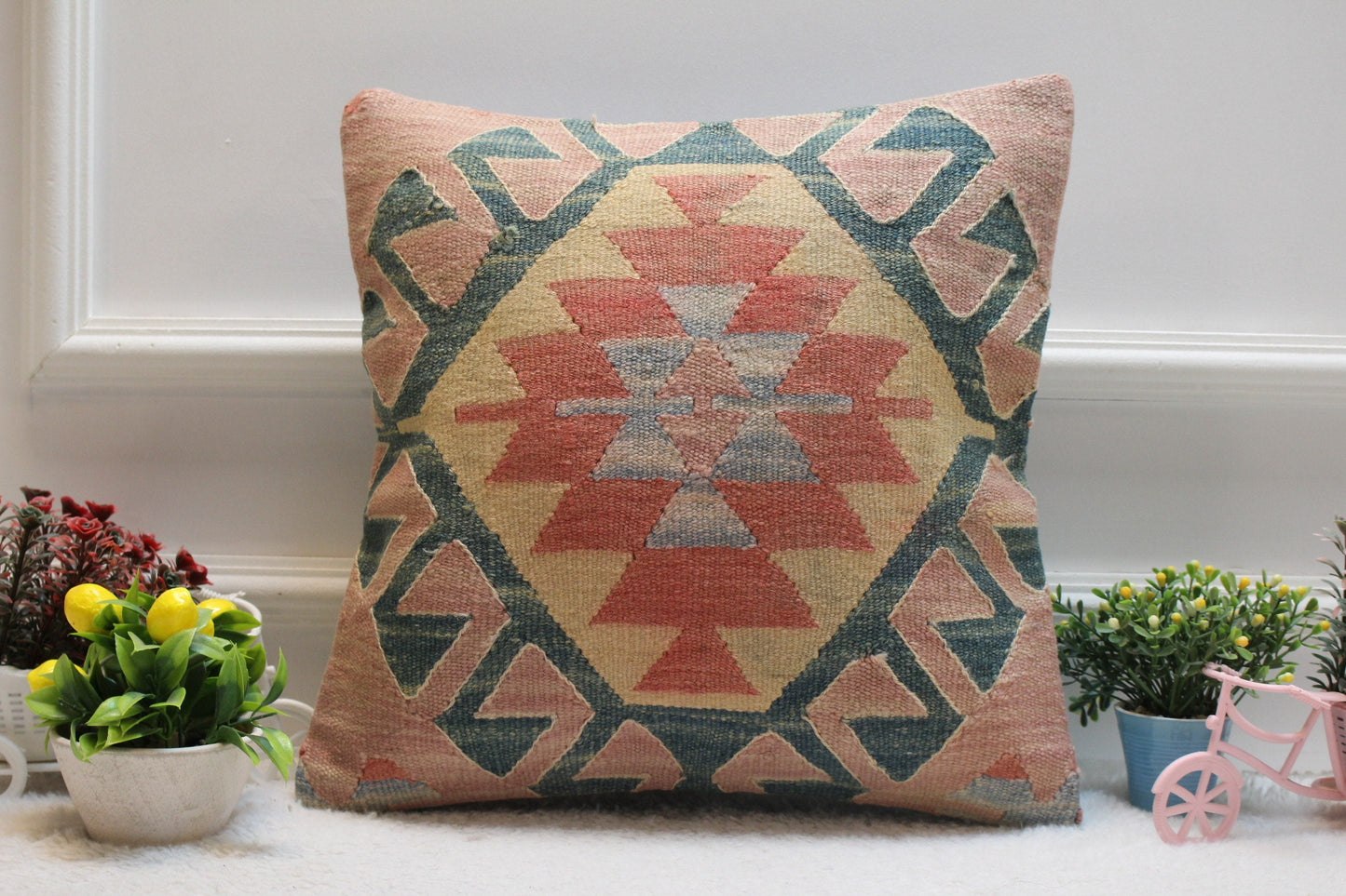 Handmade Kilim Pillow Cover: Geometric Wool, Upcycled Rug (16x16 inc.)