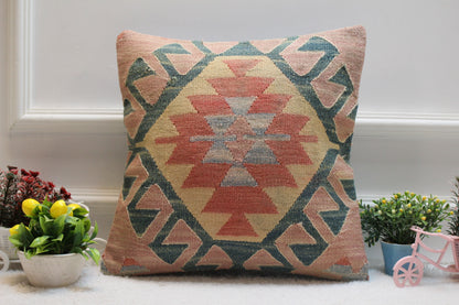 Handmade Kilim Pillow Cover: Geometric Wool, Upcycled Rug (16x16 inc.)