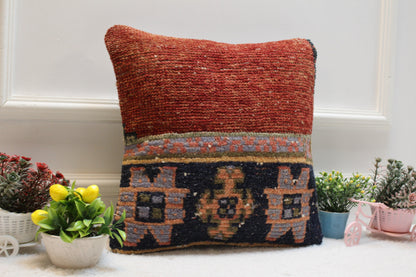 Red Turkish Rug Pillow Cover: 16x16 Handmade Wool Throw Pillow