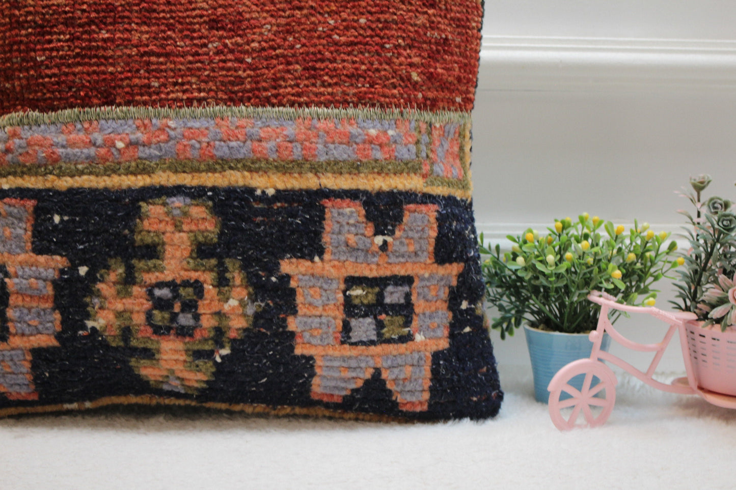 Red Turkish Rug Pillow Cover: 16x16 Handmade Wool Throw Pillow