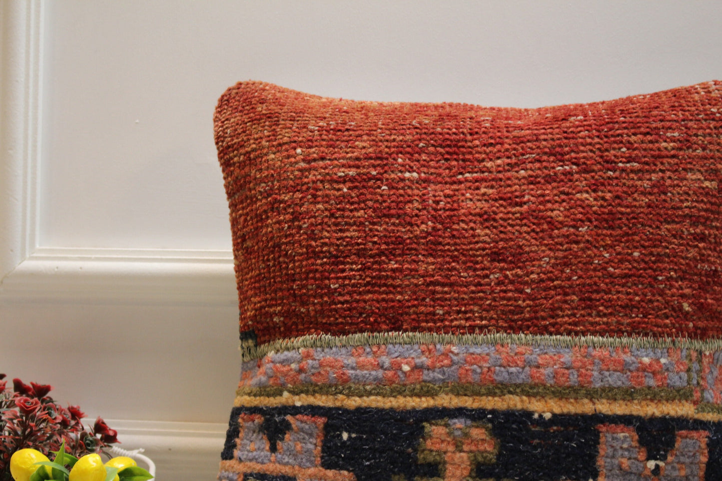Red Turkish Rug Pillow Cover: 16x16 Handmade Wool Throw Pillow