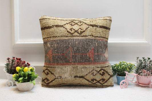 Handmade Turkish Rug Pillow Cover: Beige & Gray Wool, 16x16 inch