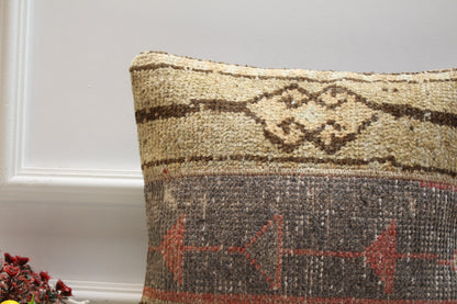 Handmade Turkish Rug Pillow Cover: Beige & Gray Wool, 16x16 inch
