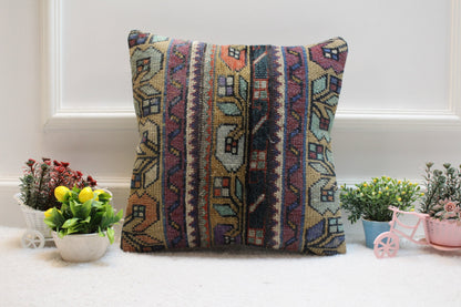 Handmade Wool Kilim Pillow Cover: Upcycled Turkish Rug, 16x16 inch