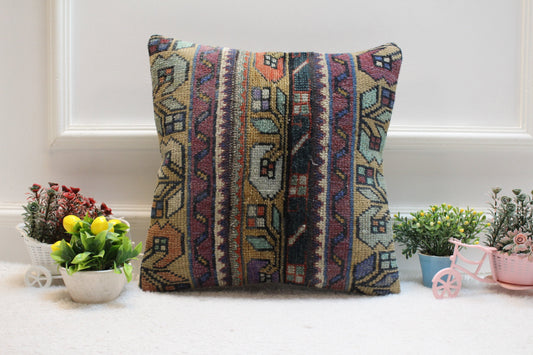 Handmade Wool Kilim Pillow Cover: Upcycled Turkish Rug, 16x16 inch