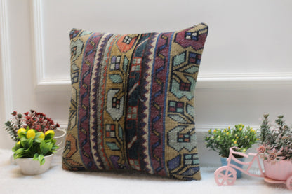Handmade Wool Kilim Pillow Cover: Upcycled Turkish Rug, 16x16 inch