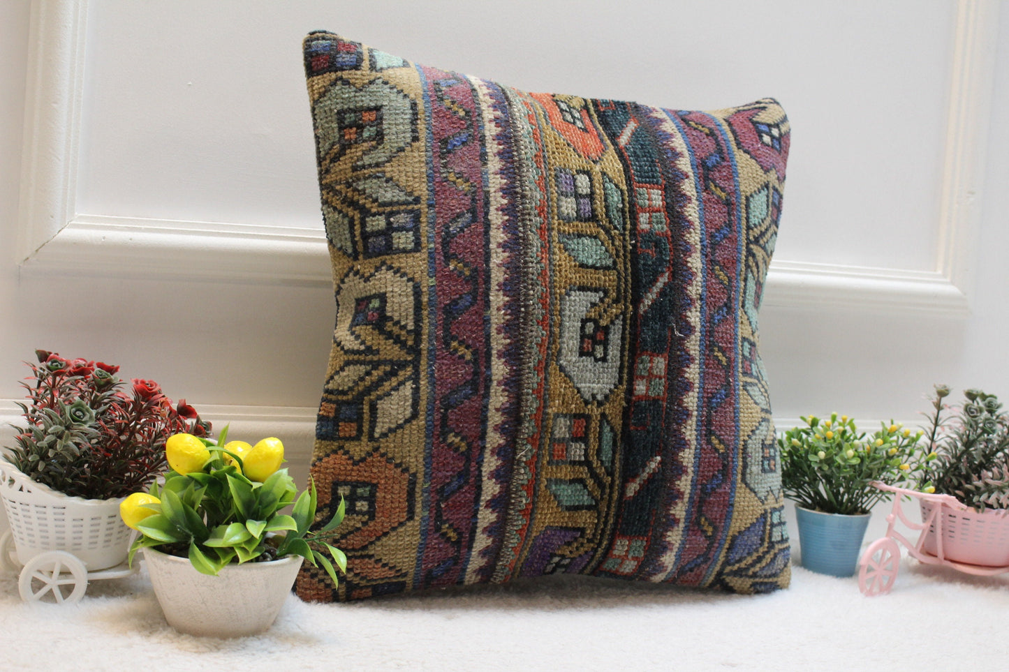 Handmade Wool Kilim Pillow Cover: Upcycled Turkish Rug, 16x16 inch