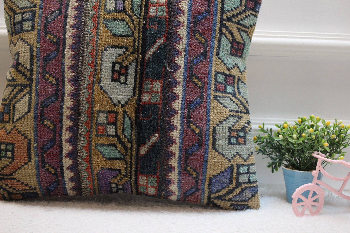 Handmade Wool Kilim Pillow Cover: Upcycled Turkish Rug, 16x16 inch
