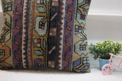 Handmade Wool Kilim Pillow Cover: Upcycled Turkish Rug, 16x16 inch