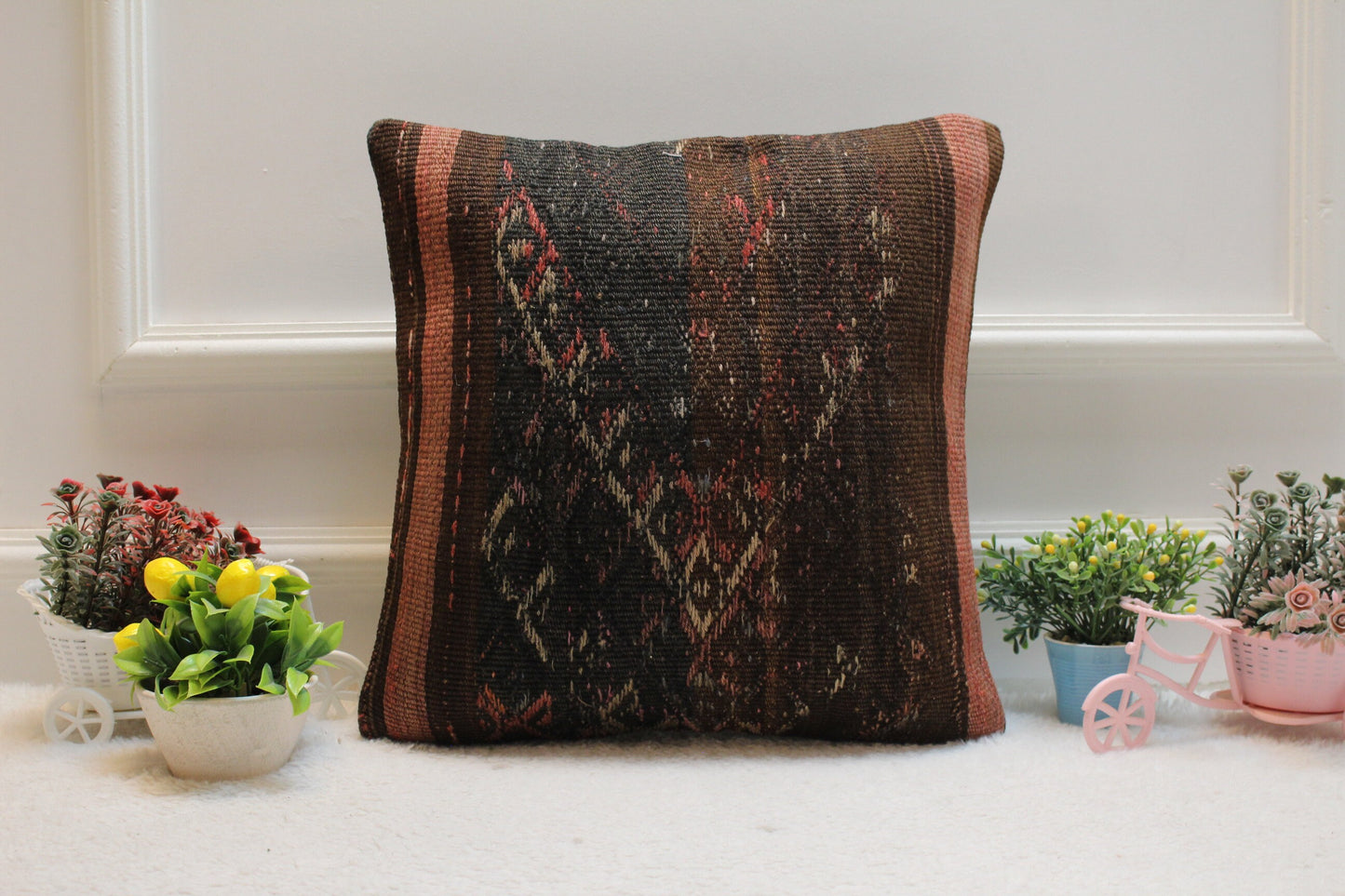 Handmade Black Kilim Pillow Cover: Organic Wool, 16x16 inch