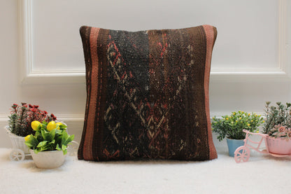 Handmade Black Kilim Pillow Cover: Organic Wool, 16x16 inch