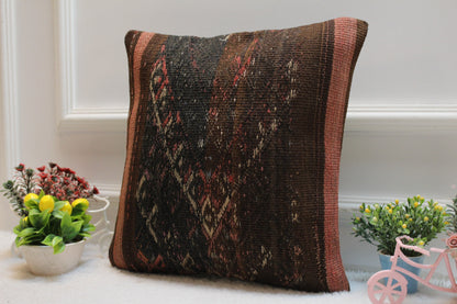 Handmade Black Kilim Pillow Cover: Organic Wool, 16x16 inch