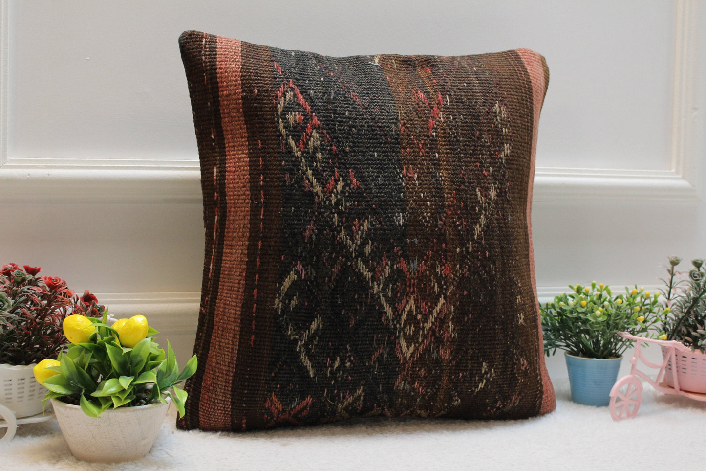 Handmade Black Kilim Pillow Cover: Organic Wool, 16x16 inch