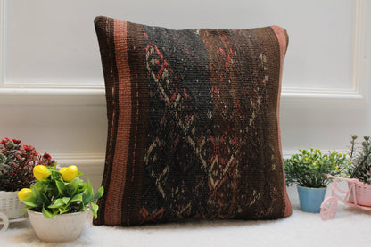 Handmade Black Kilim Pillow Cover: Organic Wool, 16x16 inch