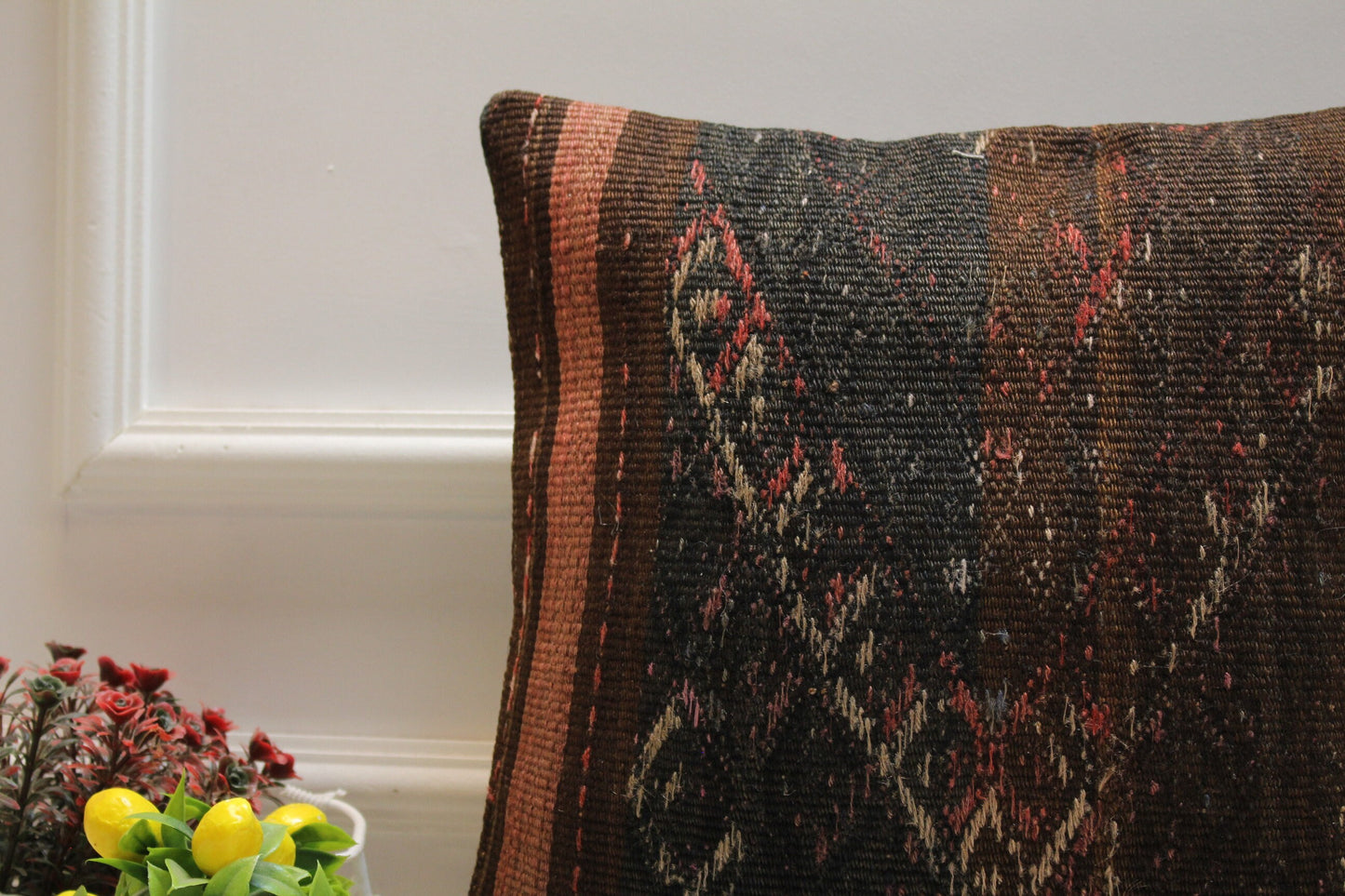 Handmade Black Kilim Pillow Cover: Organic Wool, 16x16 inch