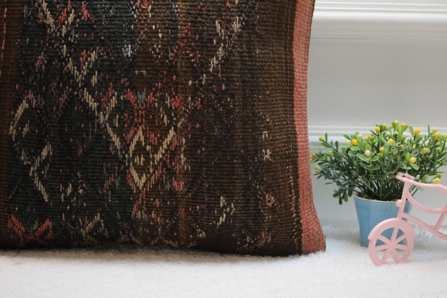 Handmade Black Kilim Pillow Cover: Organic Wool, 16x16 inch