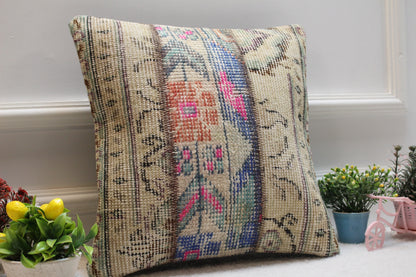 Handmade Beige Turkish Rug Pillow Cover: Patchwork Wool Cushion (16x16)
