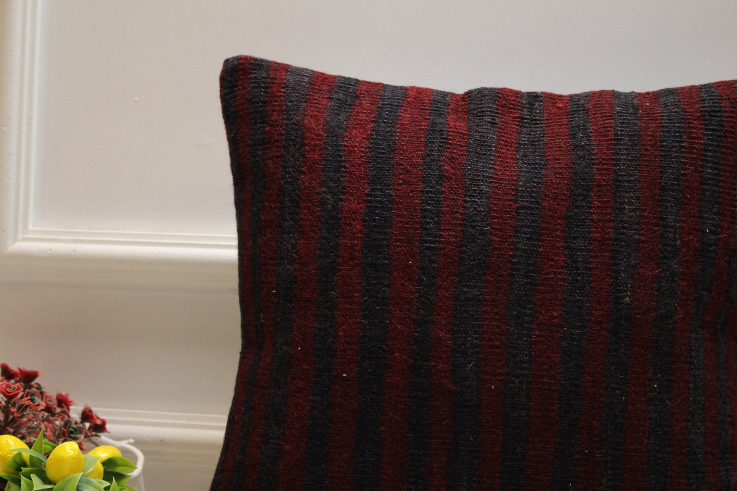 Black and Red Turkish Kilim Pillow Cover: Handmade Wool (16x16 inc)