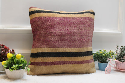 Vintage Kilim Pillow Cover: Purple Striped Woven Wool, 16x16 inc
