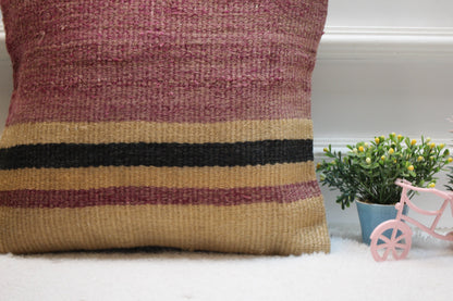 Vintage Kilim Pillow Cover: Purple Striped Woven Wool, 16x16 inc