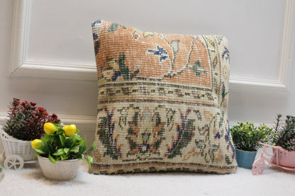Handmade Turkish Rug Pillow Cover: Orange Beige Floral, 16x16 inc